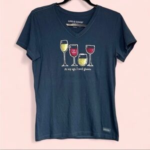 Life is Good Women Sz S I Need Wine Glasses Crusher Tee V Neck Navy Blue NWT